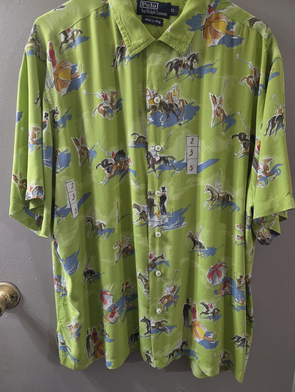 Vgt Polo by Ralph Lauren Lime Green Button-Down Shirt-Equestrian Print. Sz XL